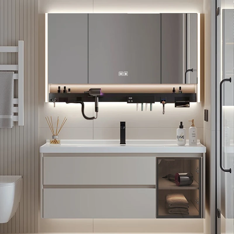 奶油风陶瓷一体盆智能浴室柜卫生间组合洗漱台洗手盆洗脸盆柜套装