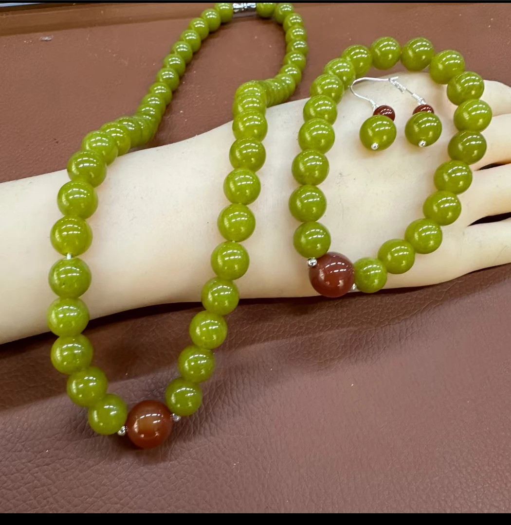 新品 天然岫玉牛油果绿 搭配冰红玛瑙 手链项链耳环三件套
