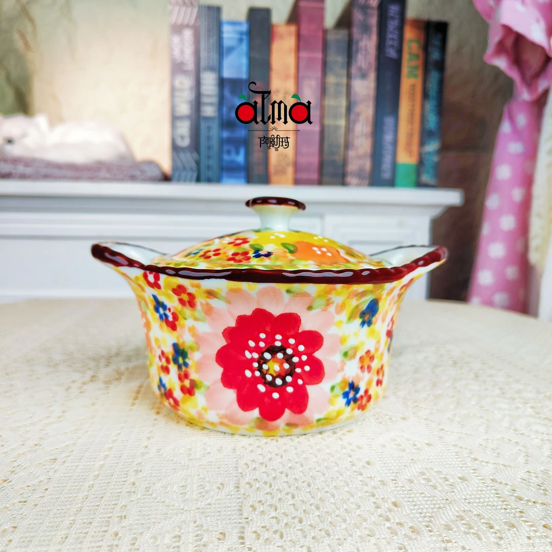 新疆包邮【莫奈花园】家用手绘釉下彩欧式6.5寸双耳带盖炖盅