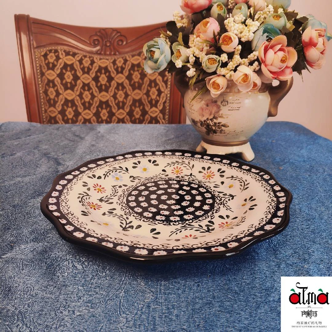 阿勒玛新疆包邮【墨玉】两只装手绘12寸荷口盘家用加厚防烫餐盘2个