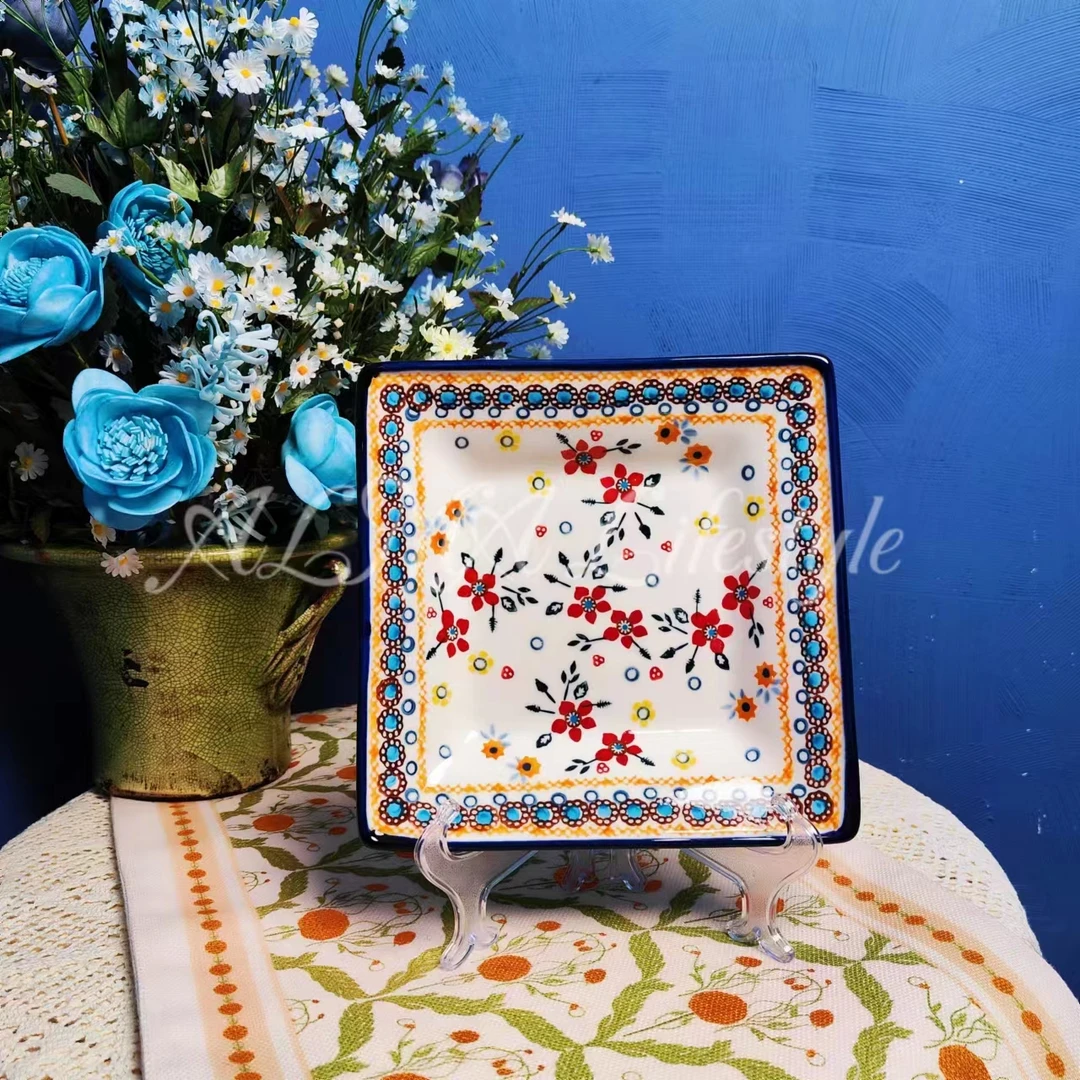 阿勒玛 新疆包邮【田园风情】手绘8寸方盘家用加厚简约陶瓷餐具盘