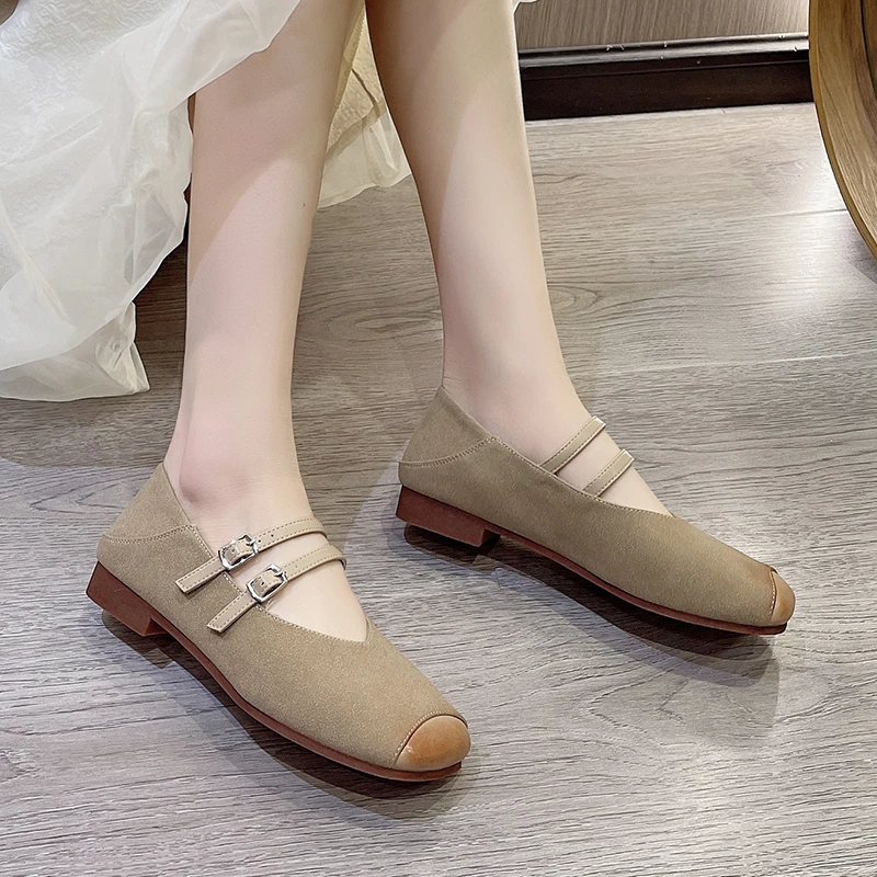 【温】2024年春秋新款方头玛丽珍单鞋软底平底拼接带舒适软皮单鞋女