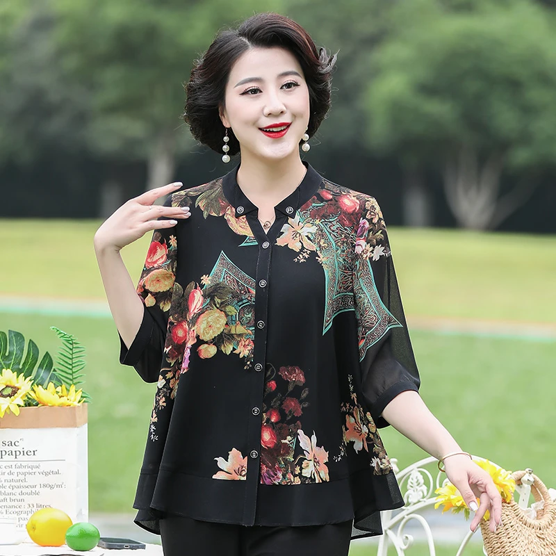 V/雅鹿夏季加肥大码中老年女装气质衬衫妈妈装中袖洋气小衫B3685