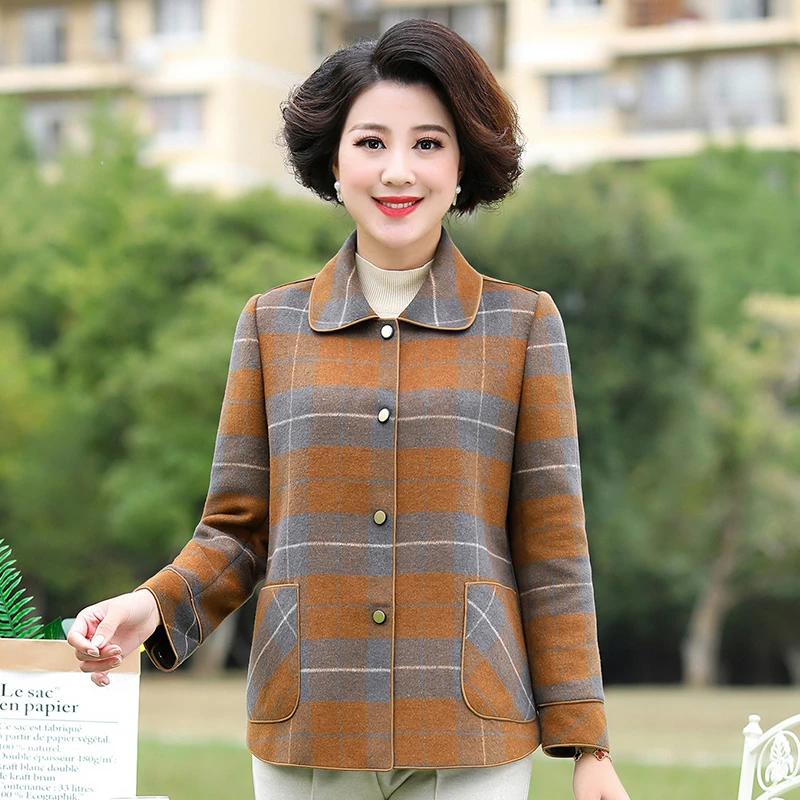 雅鹿胖妈妈双面毛呢外套秋冬新款加肥加大妈妈装格子女装WM3108