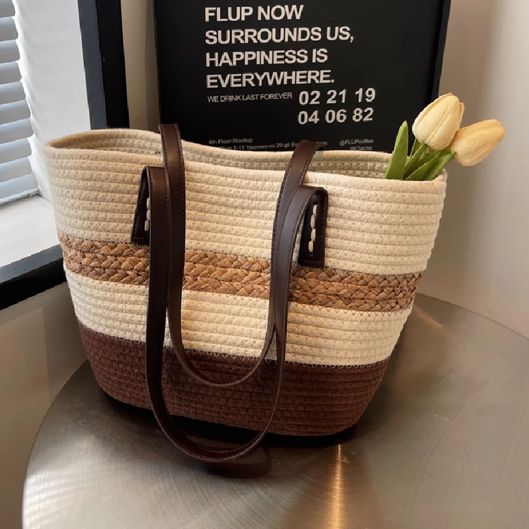 休闲百搭夏季小众沙滩单肩编制简约条纹编织包包肩包启亨&9192