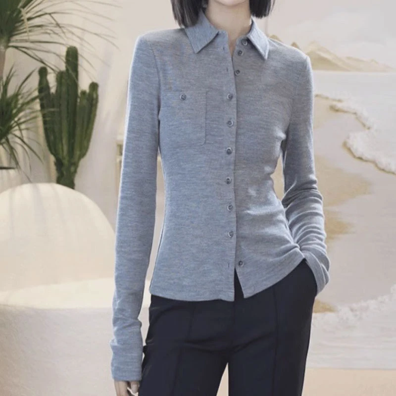 {专柜}商场同款2025秋冬季气质翻领修身口袋羊毛长袖衬衫1300820