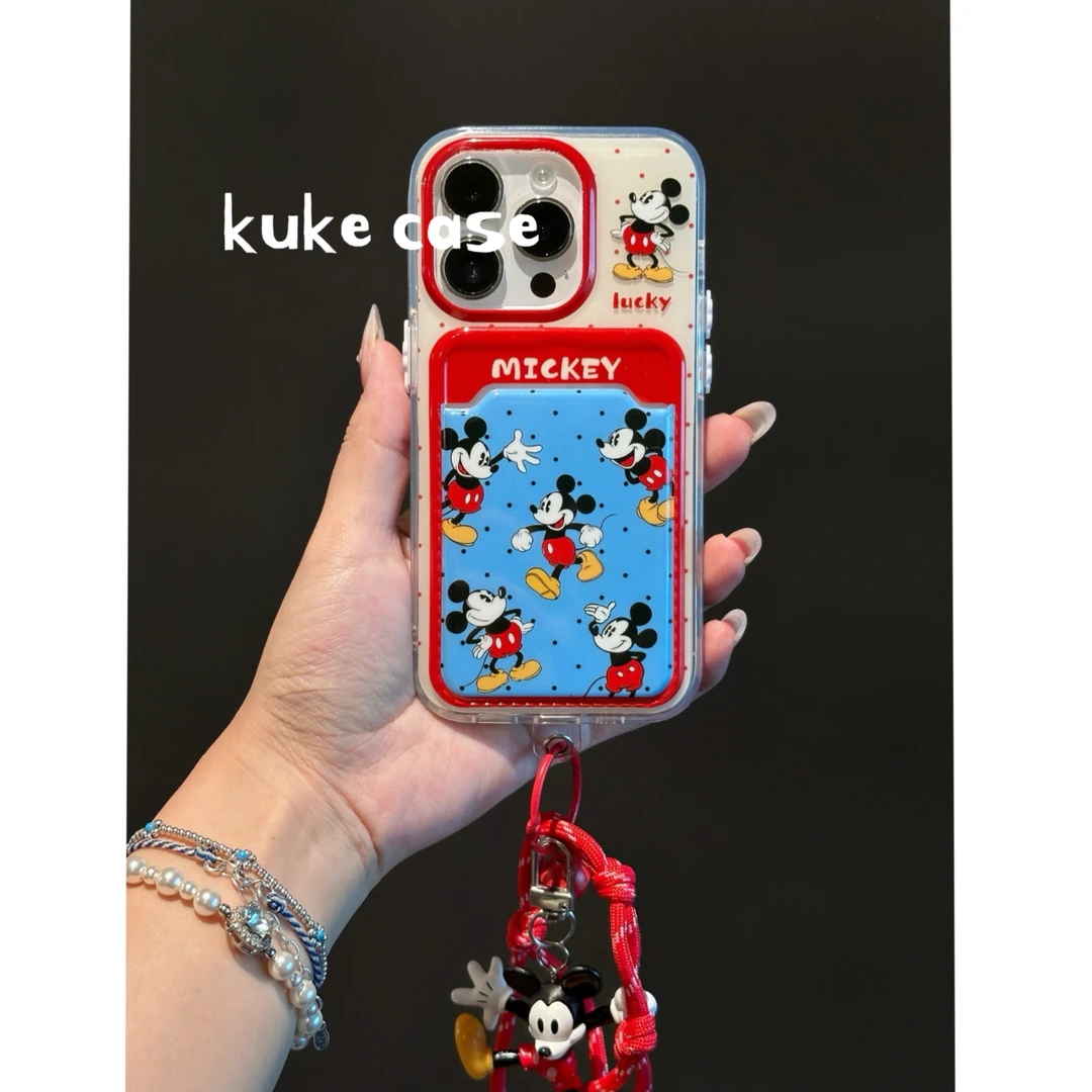 【适用苹果】ins可爱红色波点米奇卡包双层印花手机壳iPhone15pro