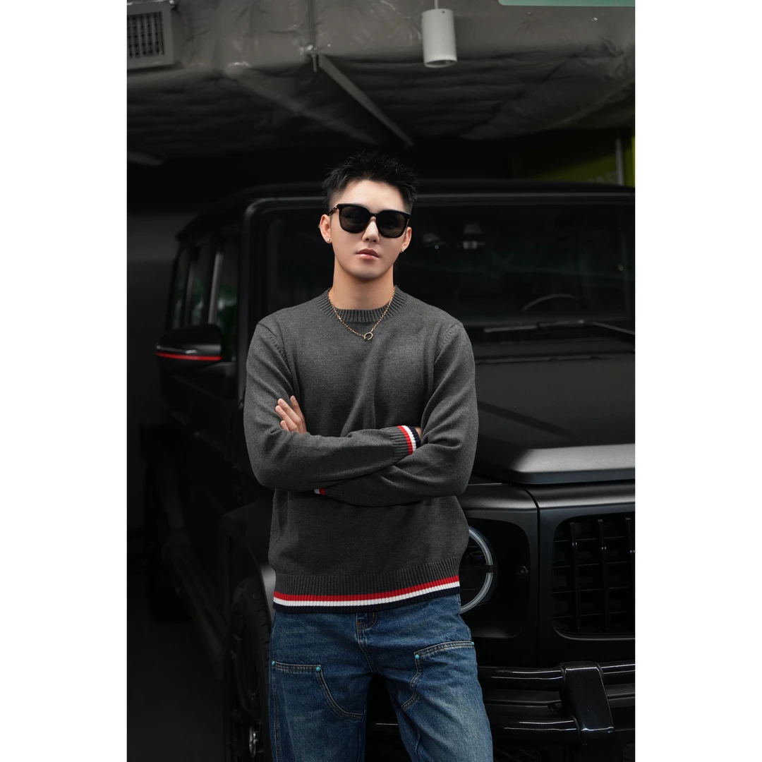 SAM【色织条纹】秋冬轻奢洋气简约裸感针织质感圆领套头毛衣