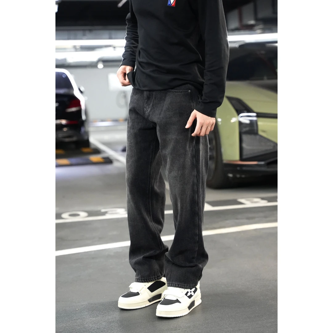 SAM【牛奶绒面】冬季加绒加厚重磅水洗烟灰直筒休闲牛仔裤