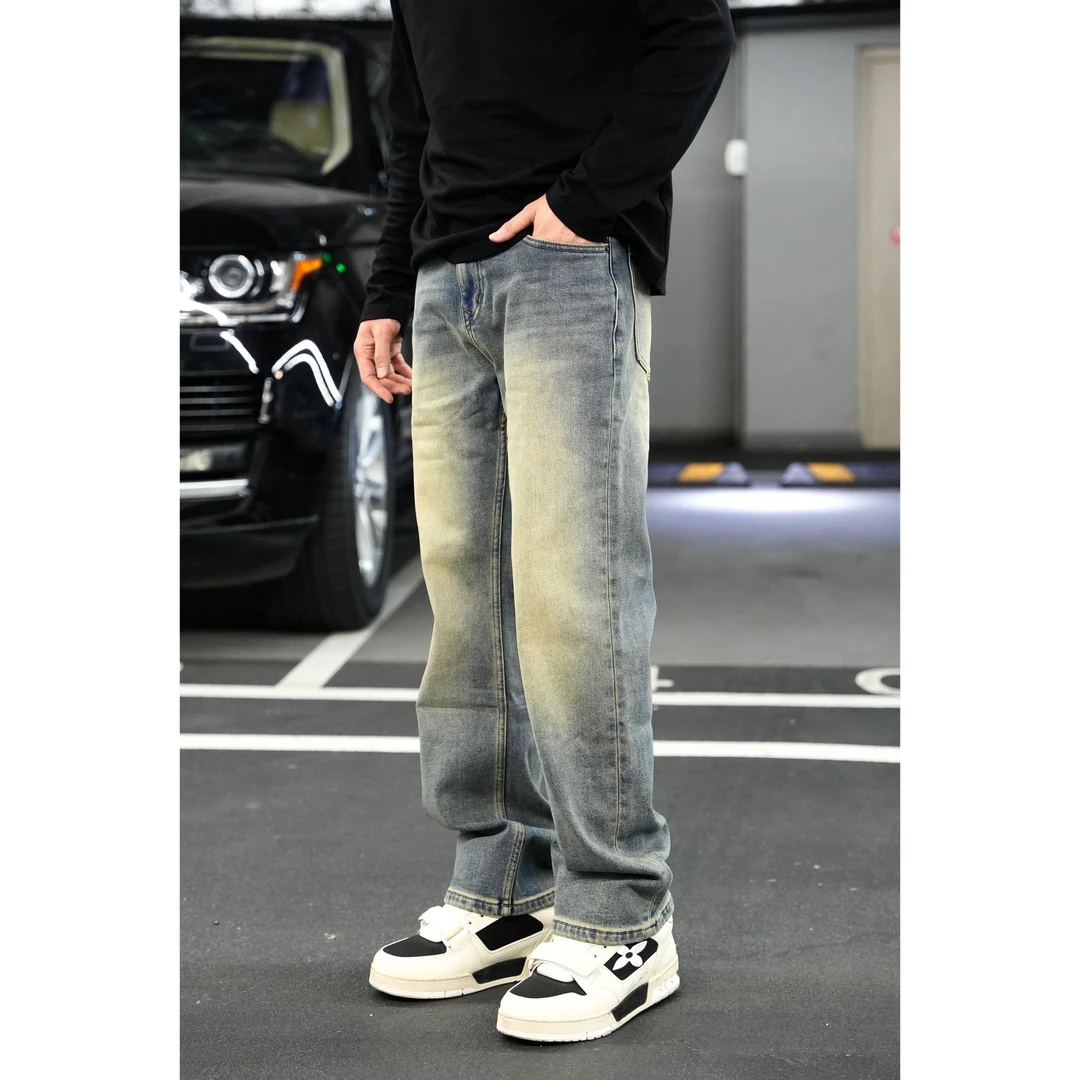 SAM【中古加绒】冬季丹宁水洗复古做旧蓝加绒弹力直筒休闲牛仔裤