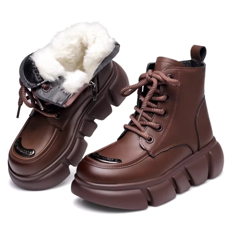 红蜻蜓牌真软皮雪地靴皮毛一体短靴马丁靴女冬季加绒超厚棉靴厚底