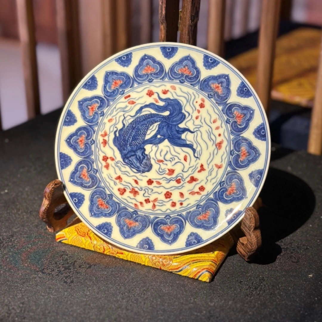 【九鸣·古窑】重工青花釉里红落花流水鱼纹壶承 景德镇高端茶具