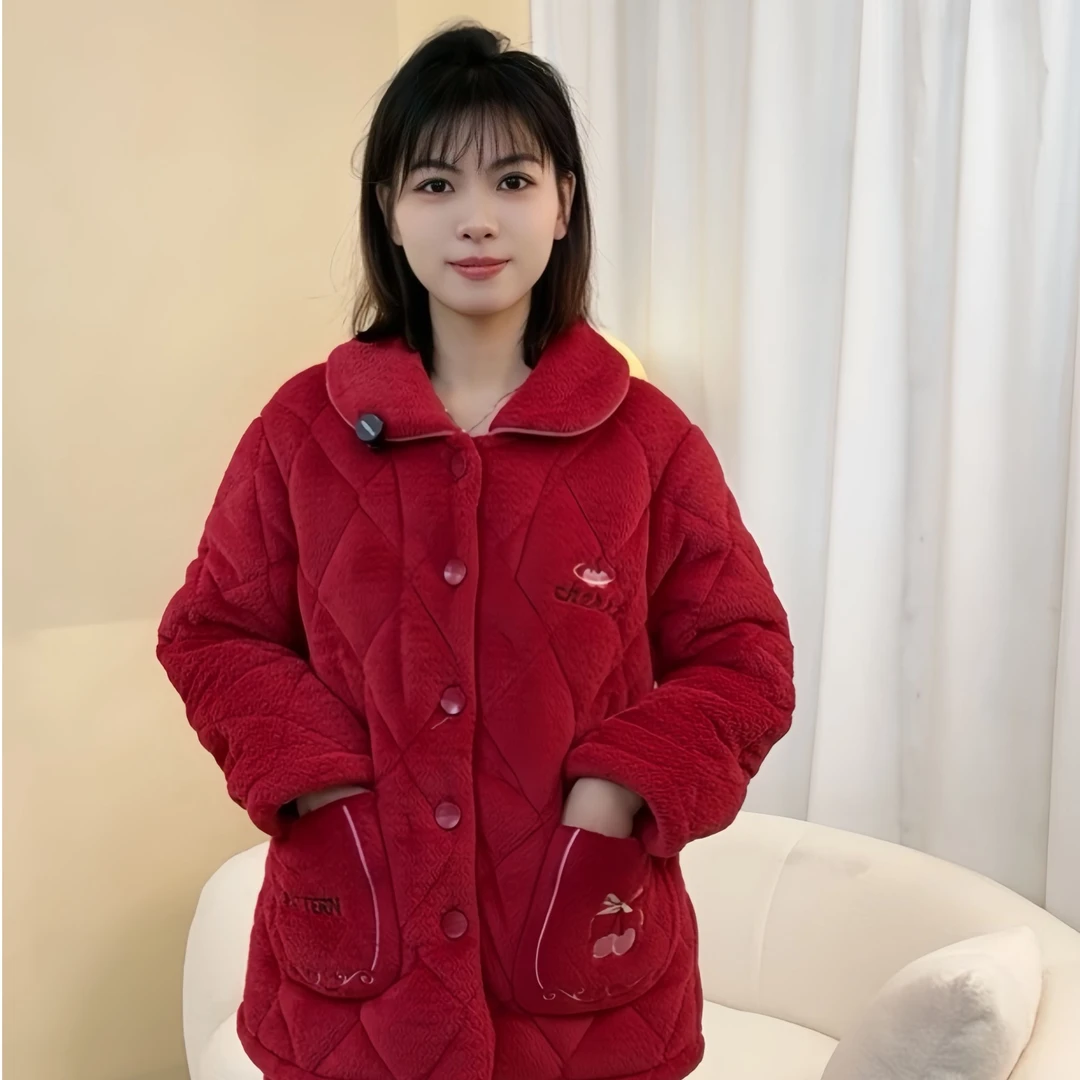 秋冬睡衣中老年人女士保暖加绒加厚时尚三层夹棉袄冬天套装翻领