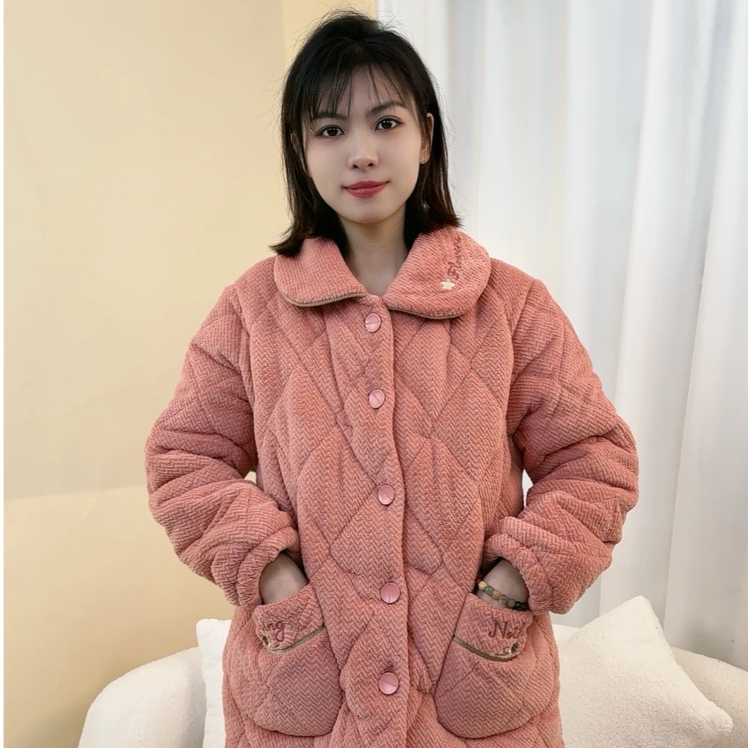 秋冬睡衣中老年人女士加绒加厚三层夹棉袄冬天套装