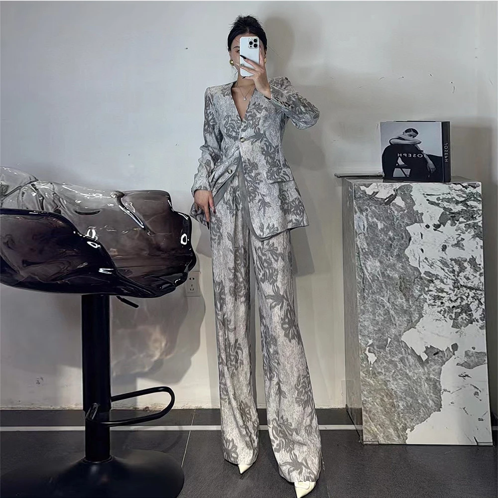 2025春秋新款气质提花假两件收腰西服西装套装女阔腿裤正装两件套