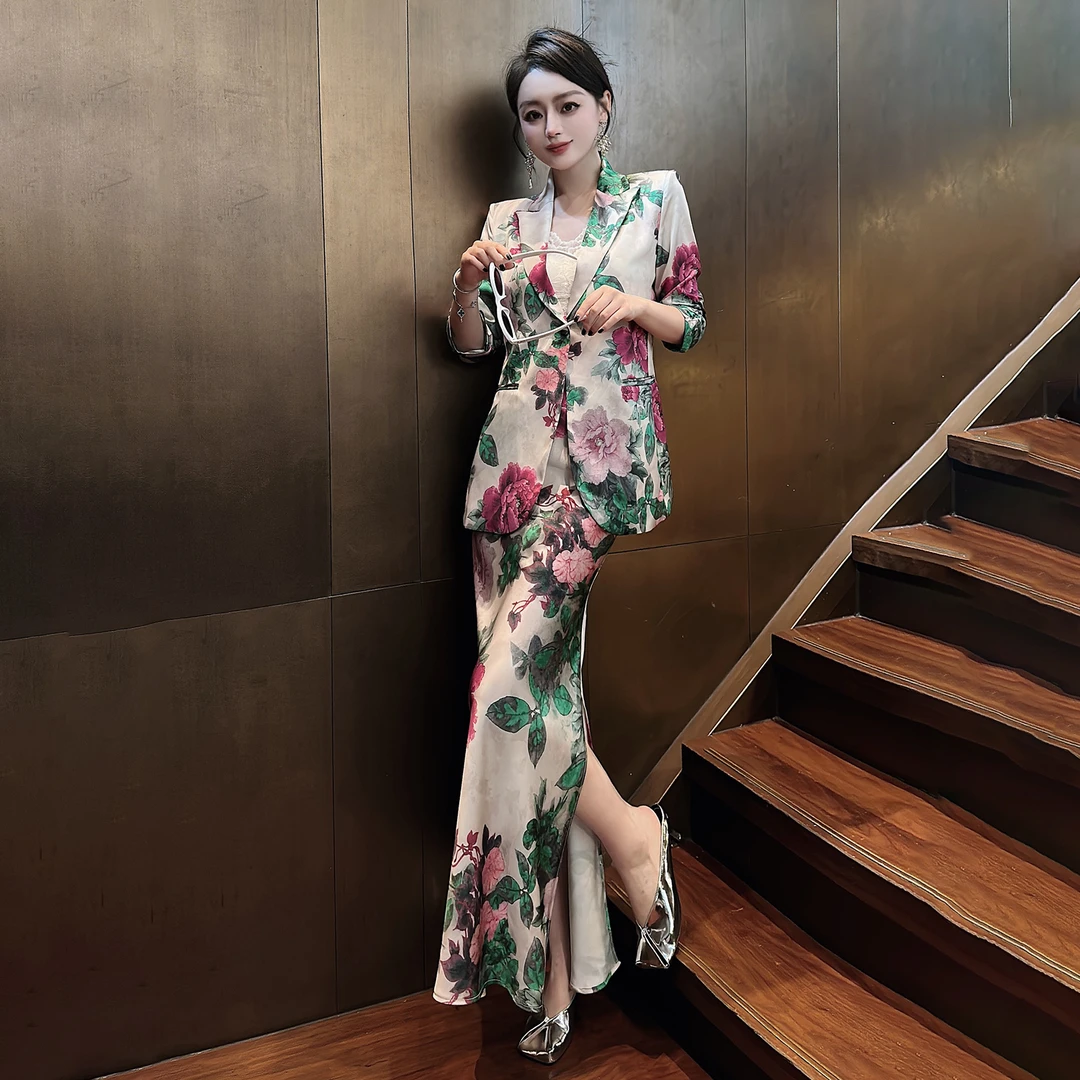 通勤职场名媛印花套装气场强大干练优雅轻熟风西服包臀半裙两件套