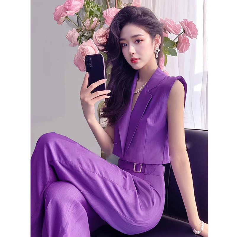 气质女神范高端高级感又a又飒紫色西装马甲裤子两件时尚套装女夏