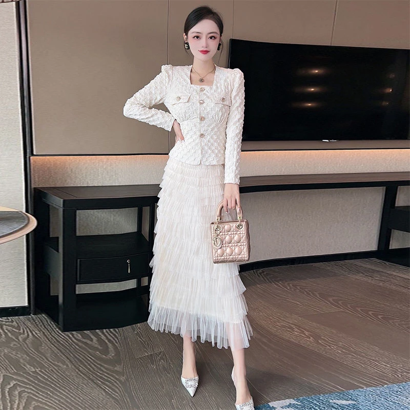 春秋时尚套装轻奢气质名媛外套炸街洋气网纱蛋糕长裙时尚两件套女