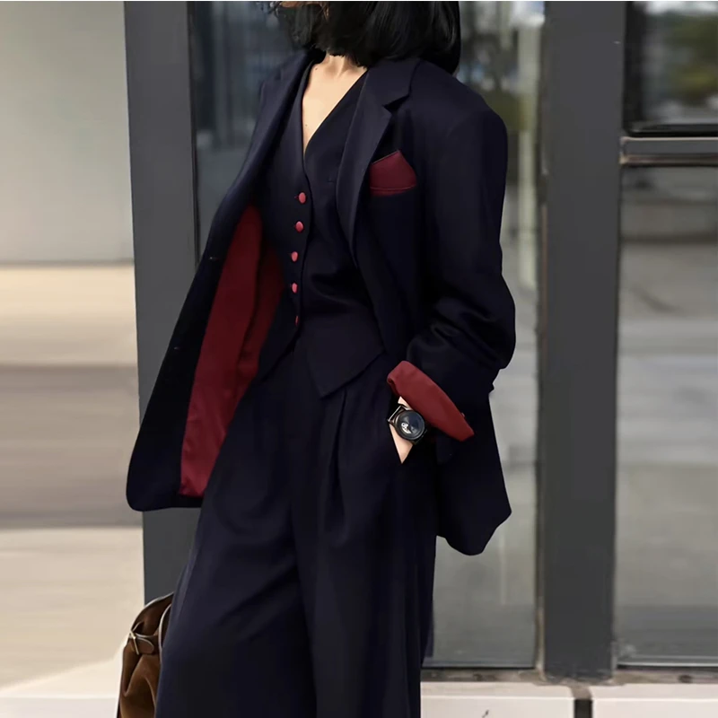 高定西装套装女设计感宽松马甲阔腿裤通勤时尚西服三件套气质职业