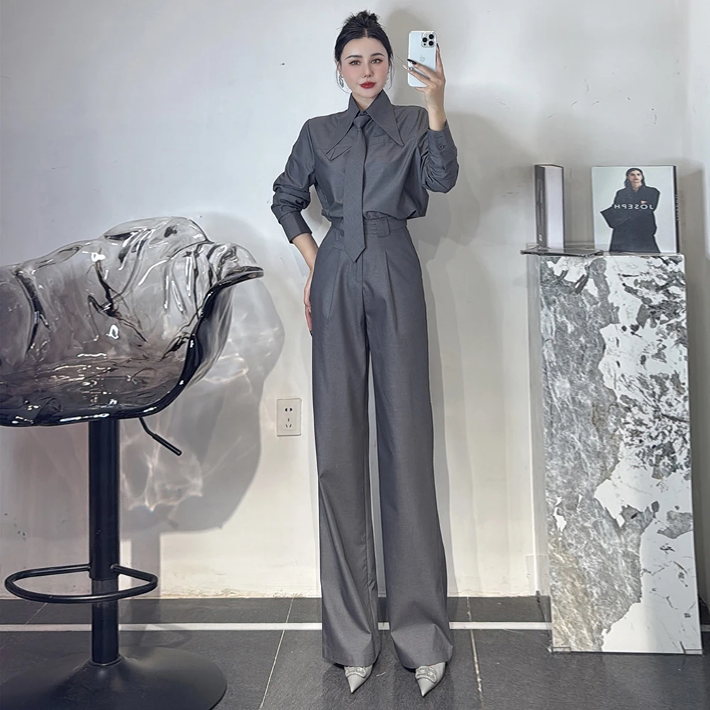 欧货2025年春秋新款简约气质灰色衬衫套装女高腰阔腿裤通勤两件套