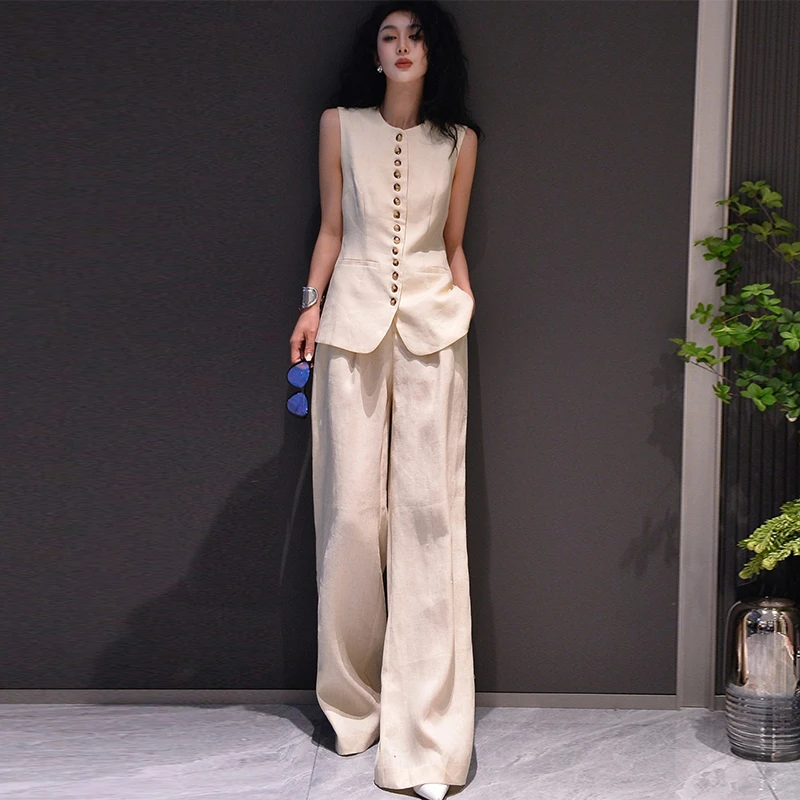 高端麻料亚麻马甲套装女设计感时尚名媛气质西装马夹阔腿裤两件套