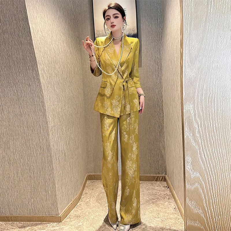 高级感提花休闲西装套装春夏气质七分袖薄款西服阔腿裤两件套宽松