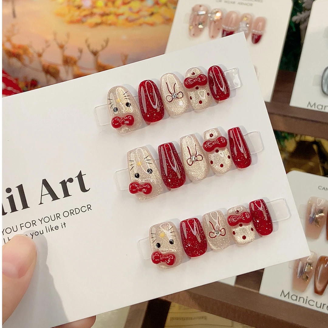 蝴蝶结kt｜MJ NAIL纯手工穿戴甲蝴蝶结红色波点显白可爱猫眼10片装