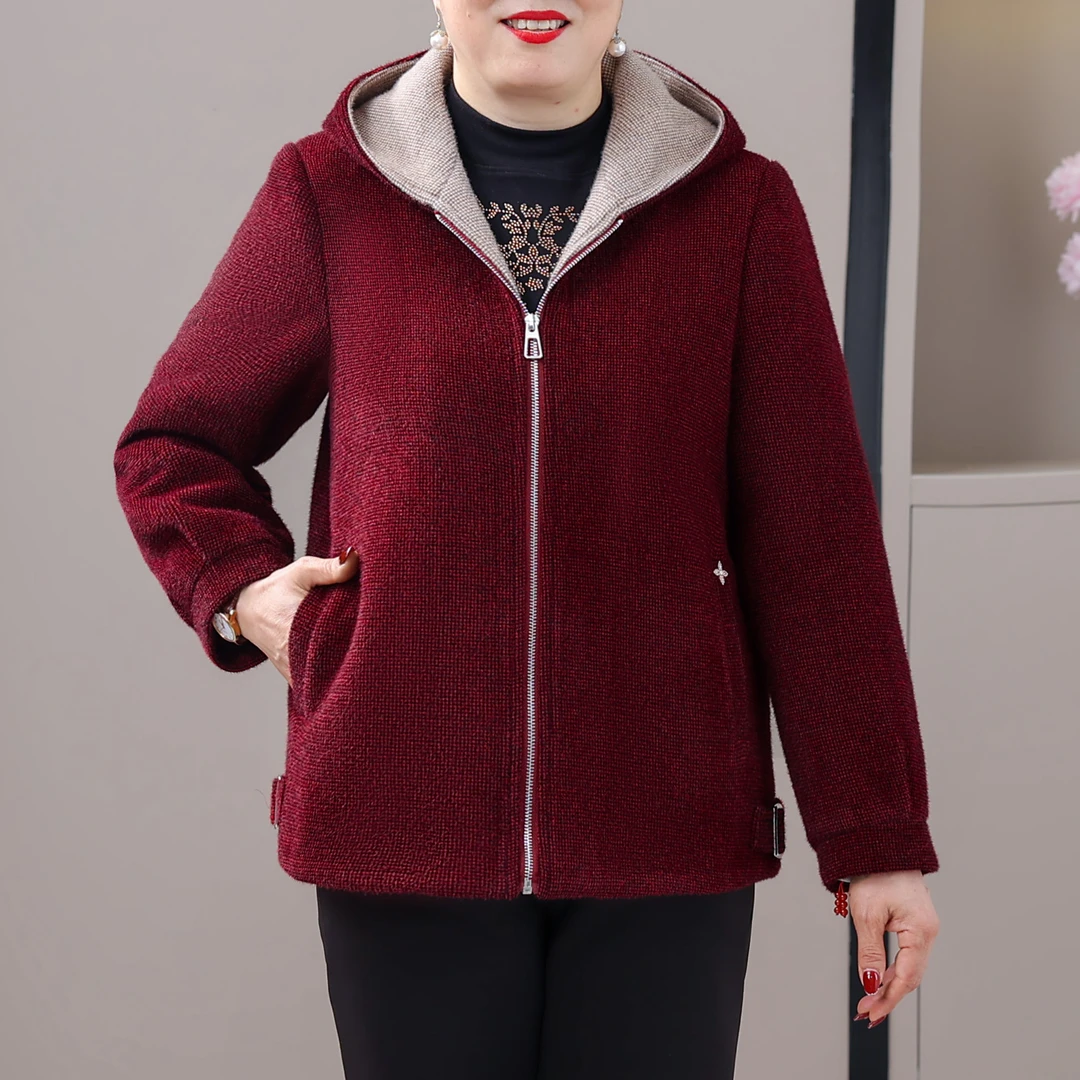 大码妈妈装厚款连帽绒感外套女秋冬中老年洋气保暖上衣宽松2498