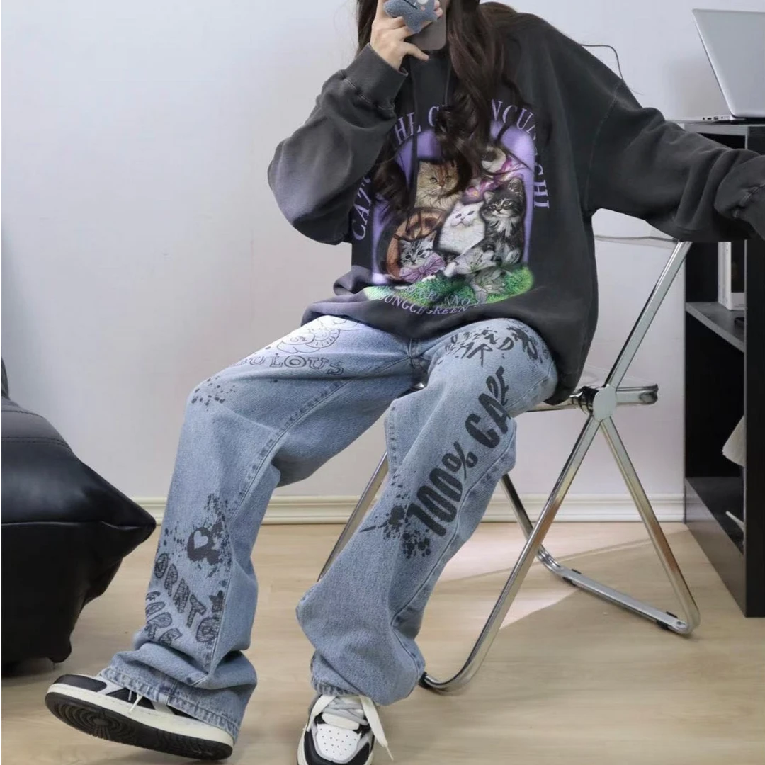 呆呆姐 爱心小熊水洗印花直筒宽松阔腿牛仔裤 男女同款