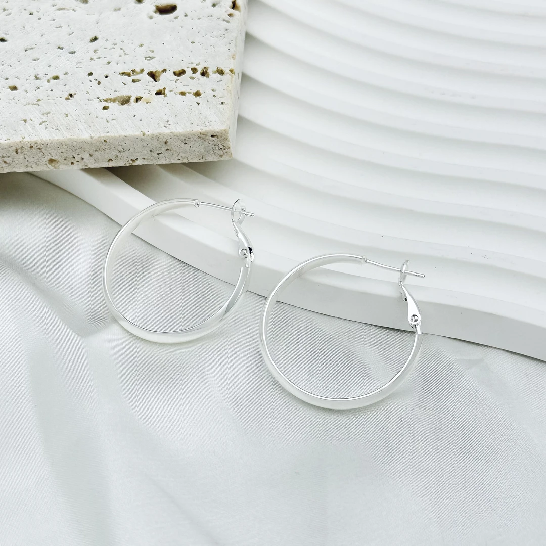 铜合金耳饰 银白色耳饰【三公分】耳扣宽面圈圈耳环百搭气质大耳圈