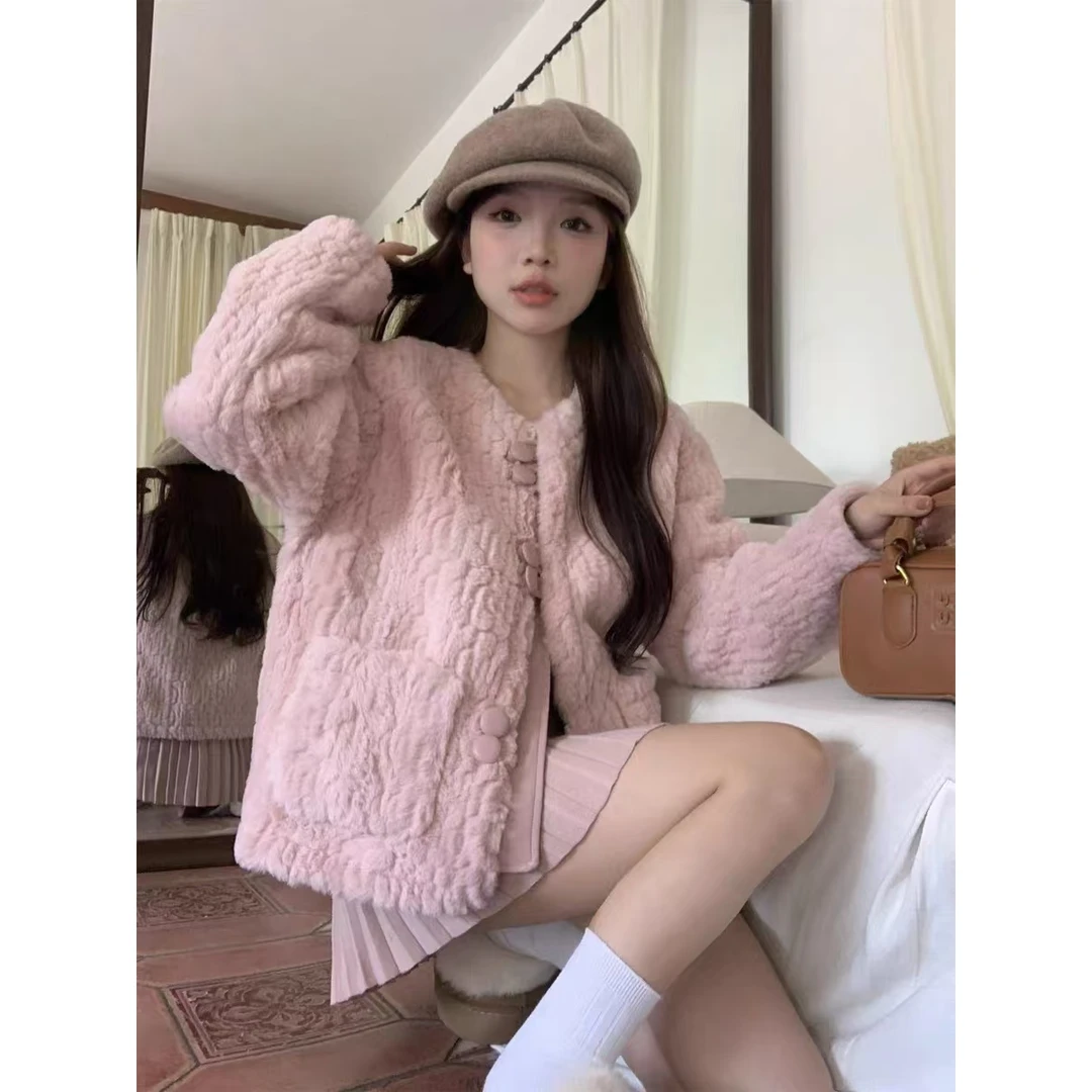 Y99810-韩系小香风毛绒外套女秋冬高级感保暖宽松短款温柔可爱