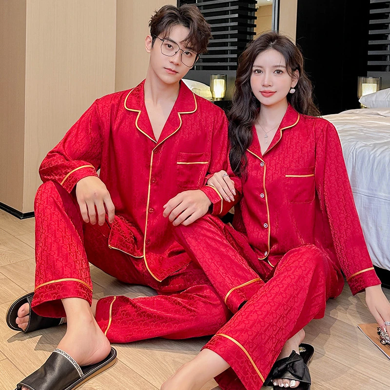 睡衣新婚情侣冰丝长袖红色男士夏季薄款女大码婚礼喜庆家居服套装
