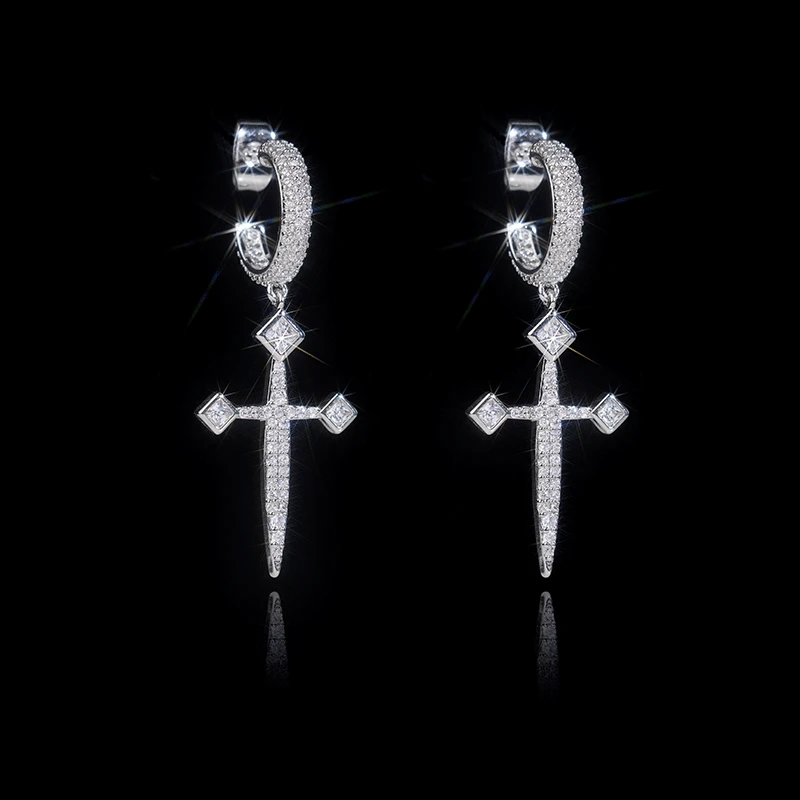 ICEGANG 925银合成锆石耳饰 救赎之刃纯银满钻耳环欧美嘻哈潮流