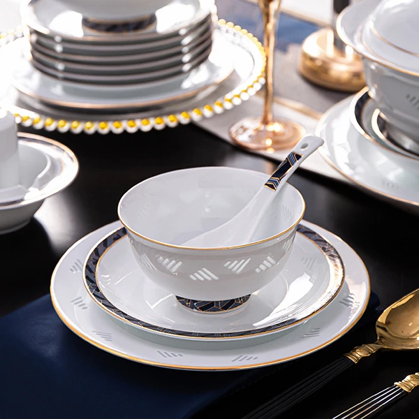 富玉【锦蓝】玲珑碗家用景德镇高档陶瓷餐具新中式描金碗盘碟居家