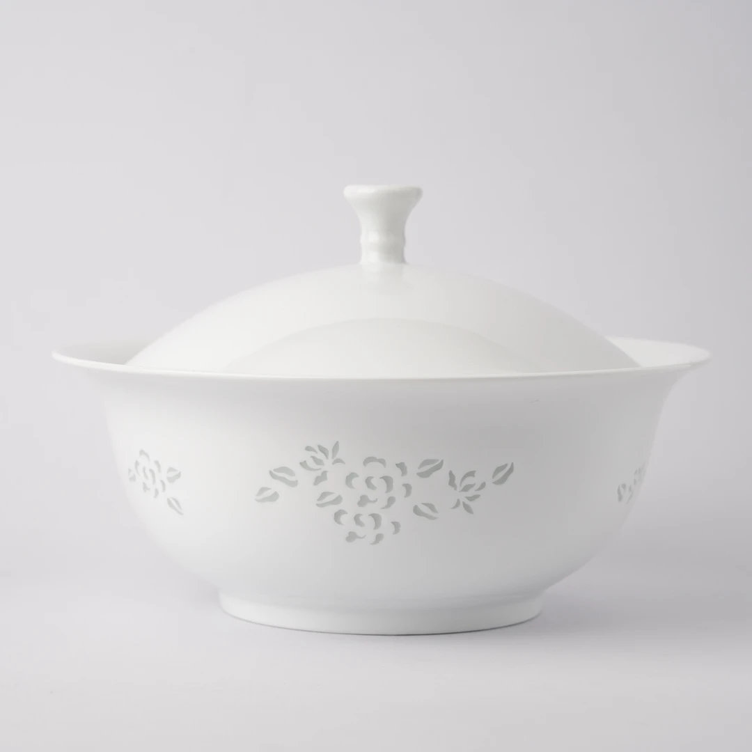 富玉玉牡丹汤煲鱼盘纯白组合中式玲珑瓷景德镇陶瓷家用白瓷