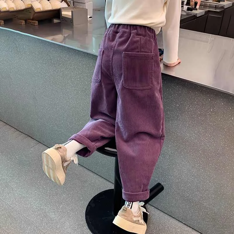 女童加绒裤子秋冬款2024新款洋气儿童灯芯绒休闲裤冬季加厚阔腿裤