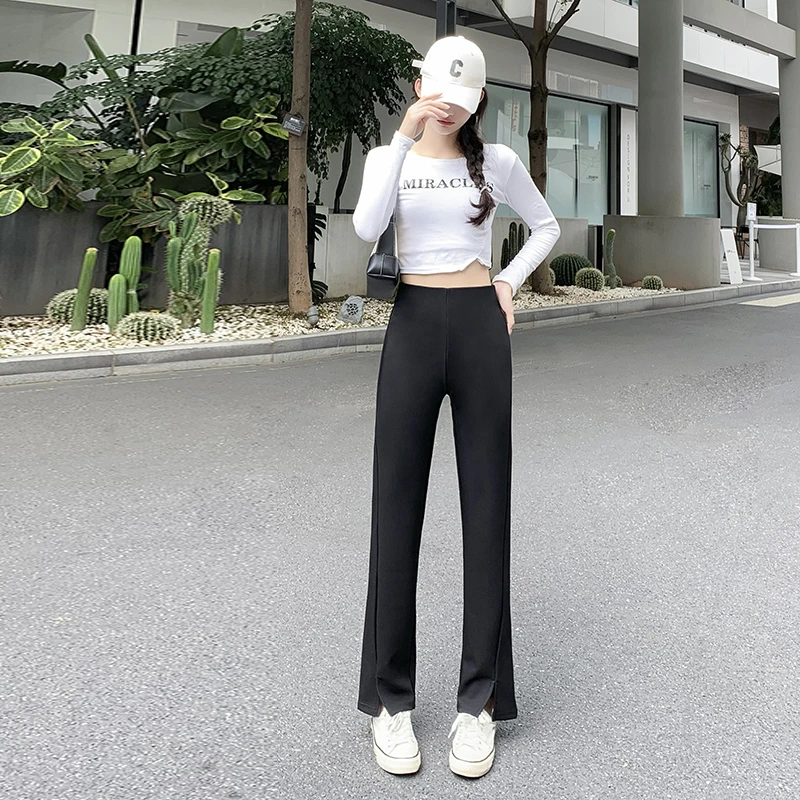 秋季新款外穿打底女开叉塑型高腰弹力微喇叭裤显瘦小直筒长裤享瘦