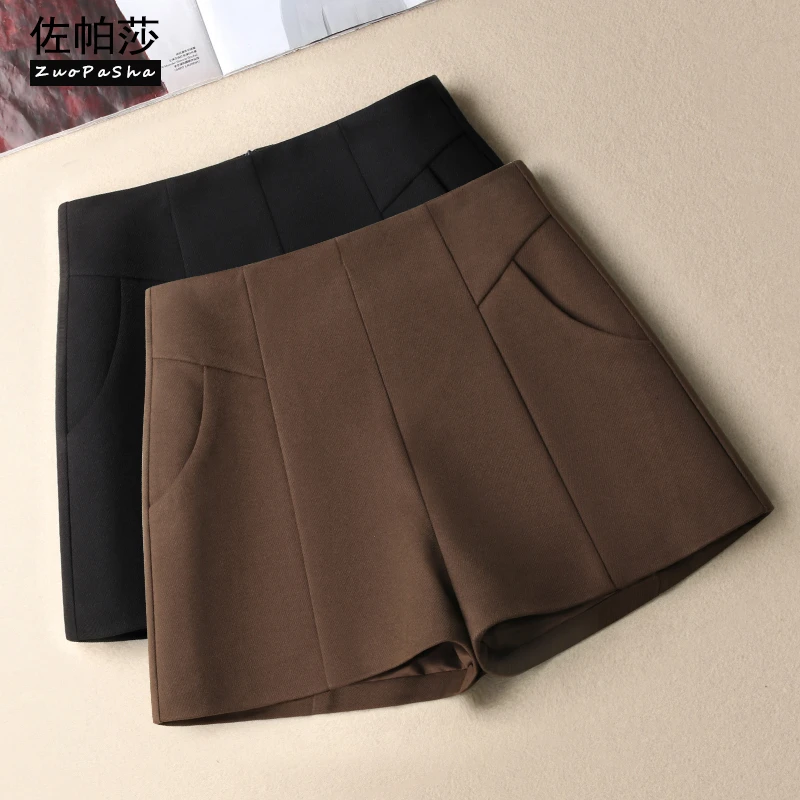 高腰毛呢a字短裤女2025秋冬季新款修身显瘦百搭外穿时尚阔腿靴裤