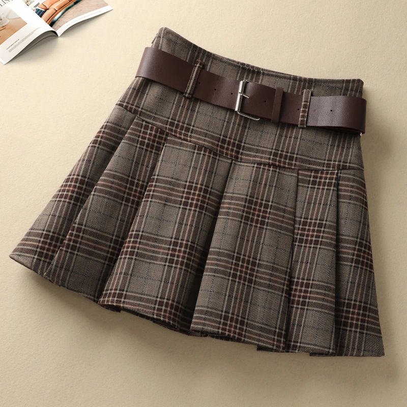 咖色格子百褶裙女2025年新款高腰显瘦学院风短裙春秋季复古格子裙