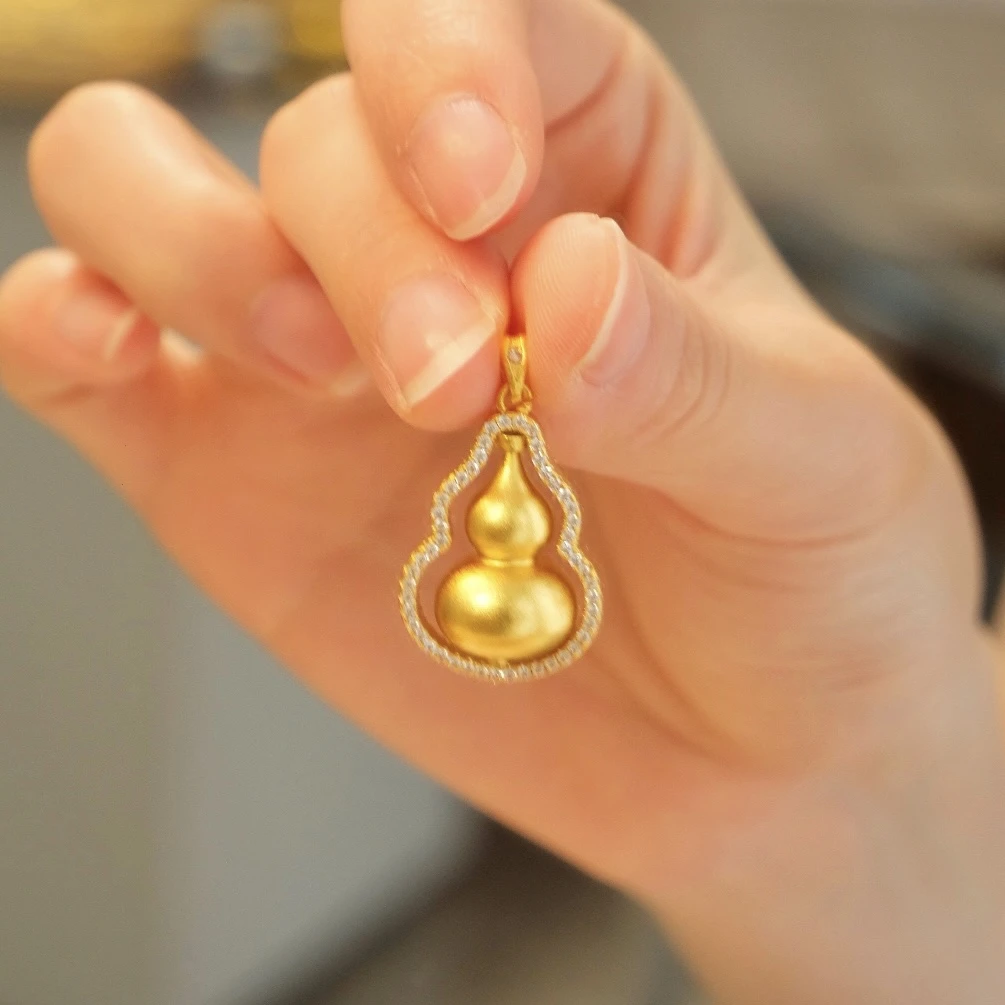 铜合金合成锆石吊坠 新中式国潮风古法镶嵌镶锆葫芦DIY项链吊坠