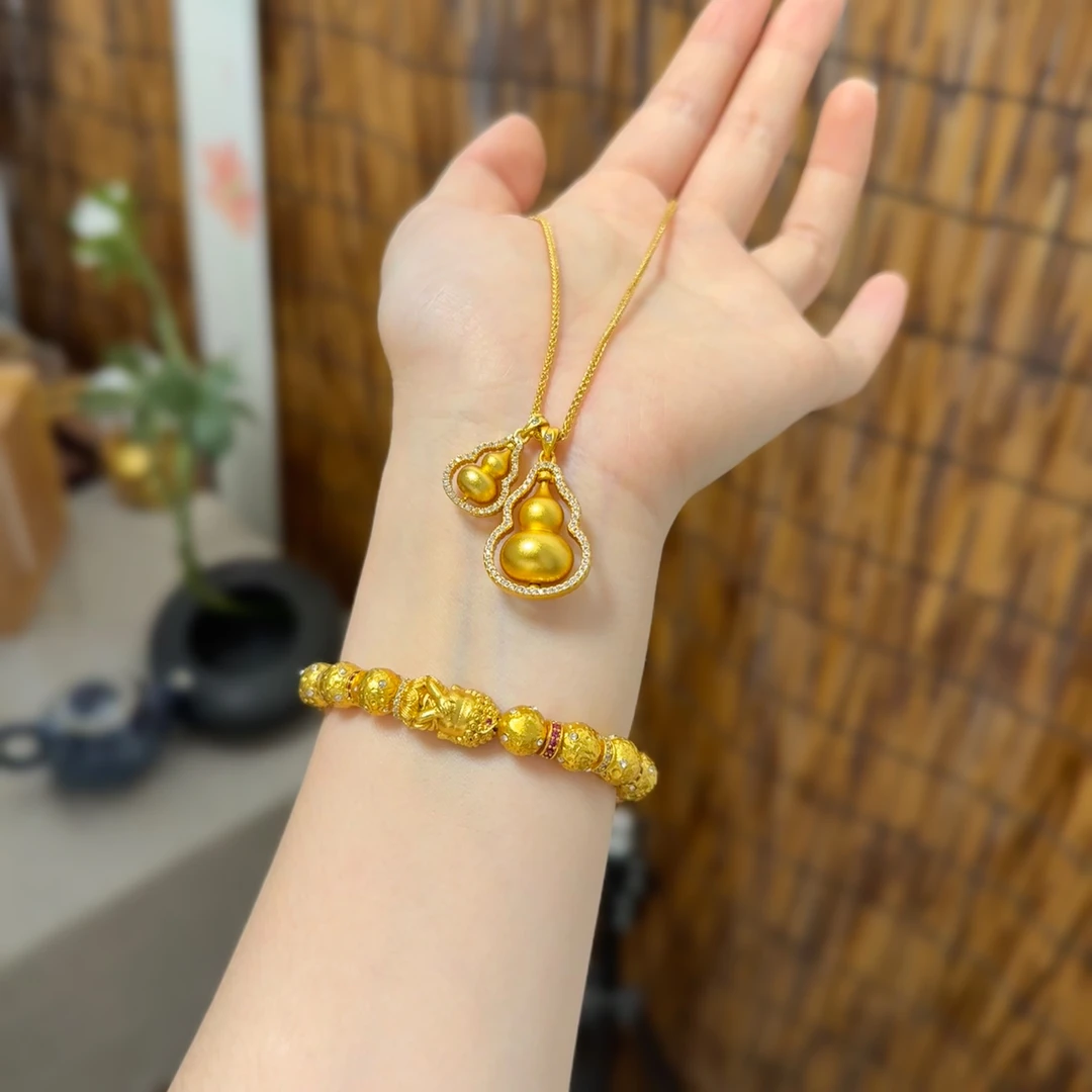 铜合金项链 新中式国潮风古法金色百搭镶嵌气质双葫芦吊坠项链