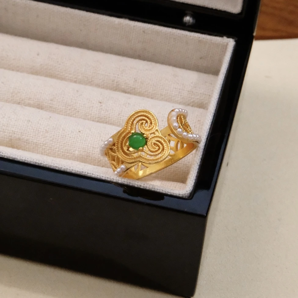 铜合金合成锆石戒指 j051秋冬新款贝珠如意开口可调节戒指