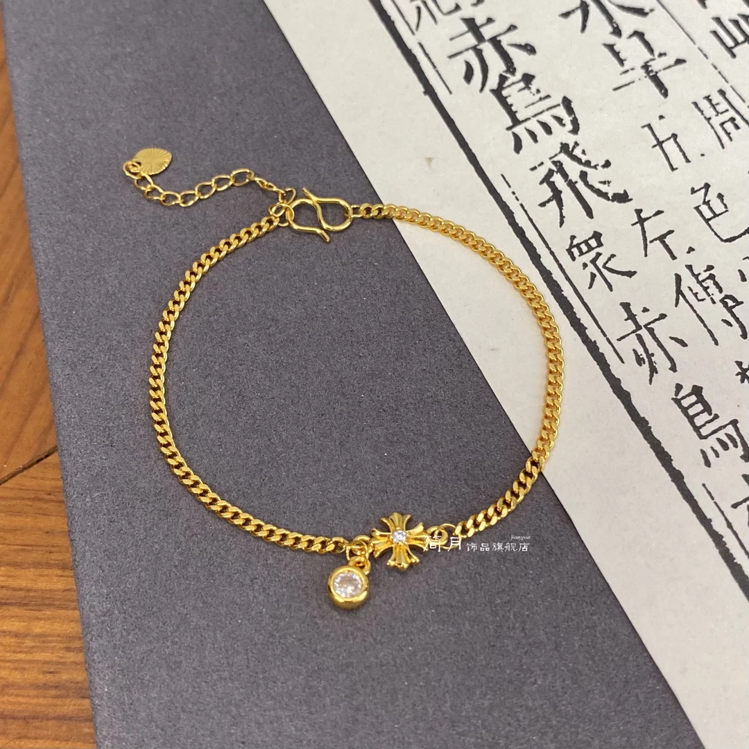 铜合金手链 新中式国潮风百搭时尚精致气质轻奢镶锆十字泡泡手链