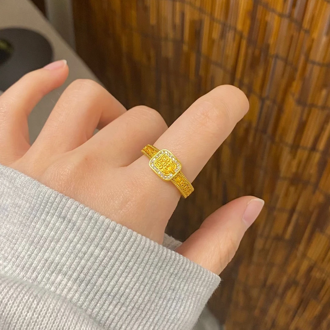 铜合金合成锆石戒指 新中式国潮风百搭精致扎基拉姆可调节戒指