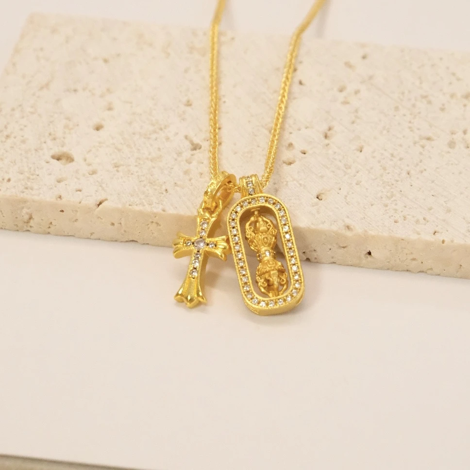 铜合金项链 气质国风新中式女士百搭金色古法金刚杵十字架项链