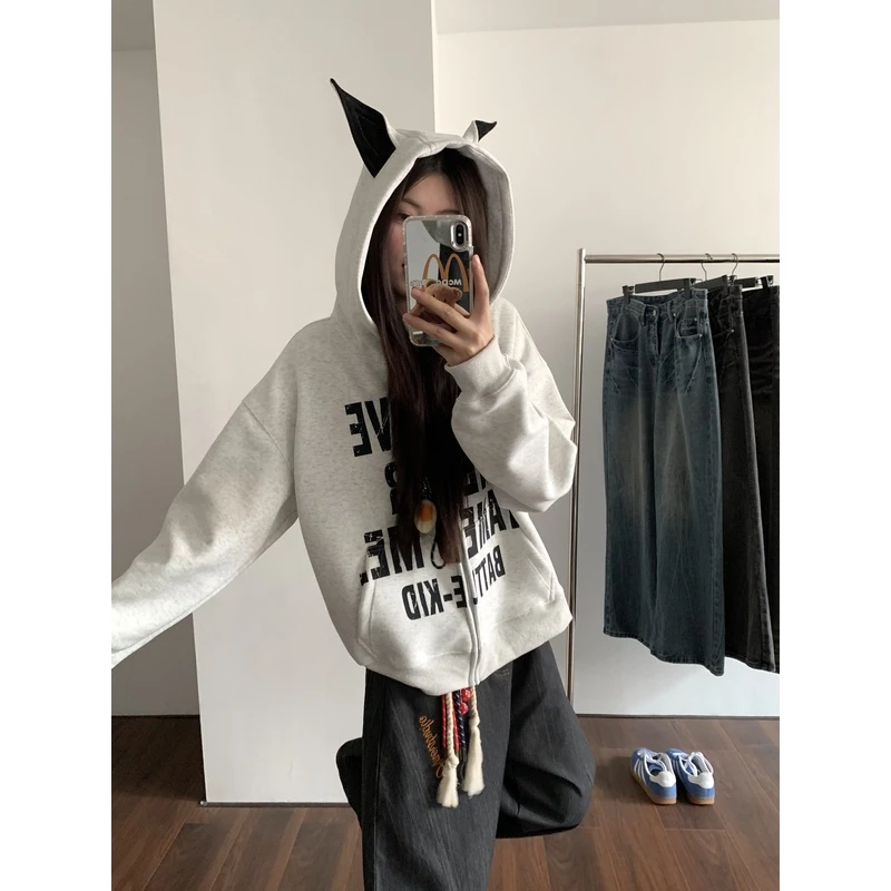 AMER 国潮美式复古大印花小狗耳朵拉链连帽卫衣外套