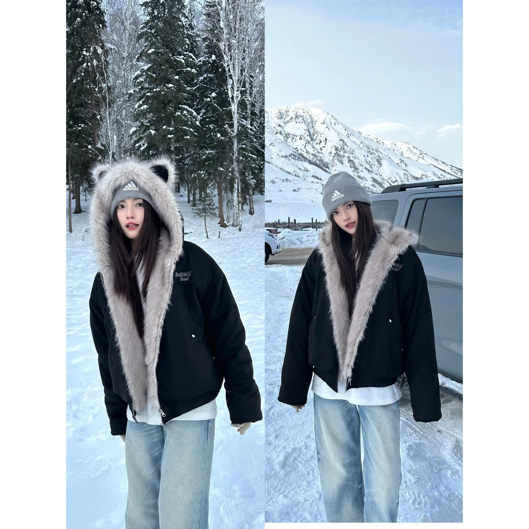 AMER 国潮德文耳朵座山猫复古简约字母小标毛领设计棉服