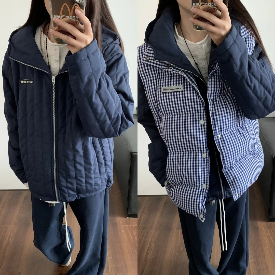 国潮真两件格子马甲叠穿连帽棉衣休闲男女冬季棉衣