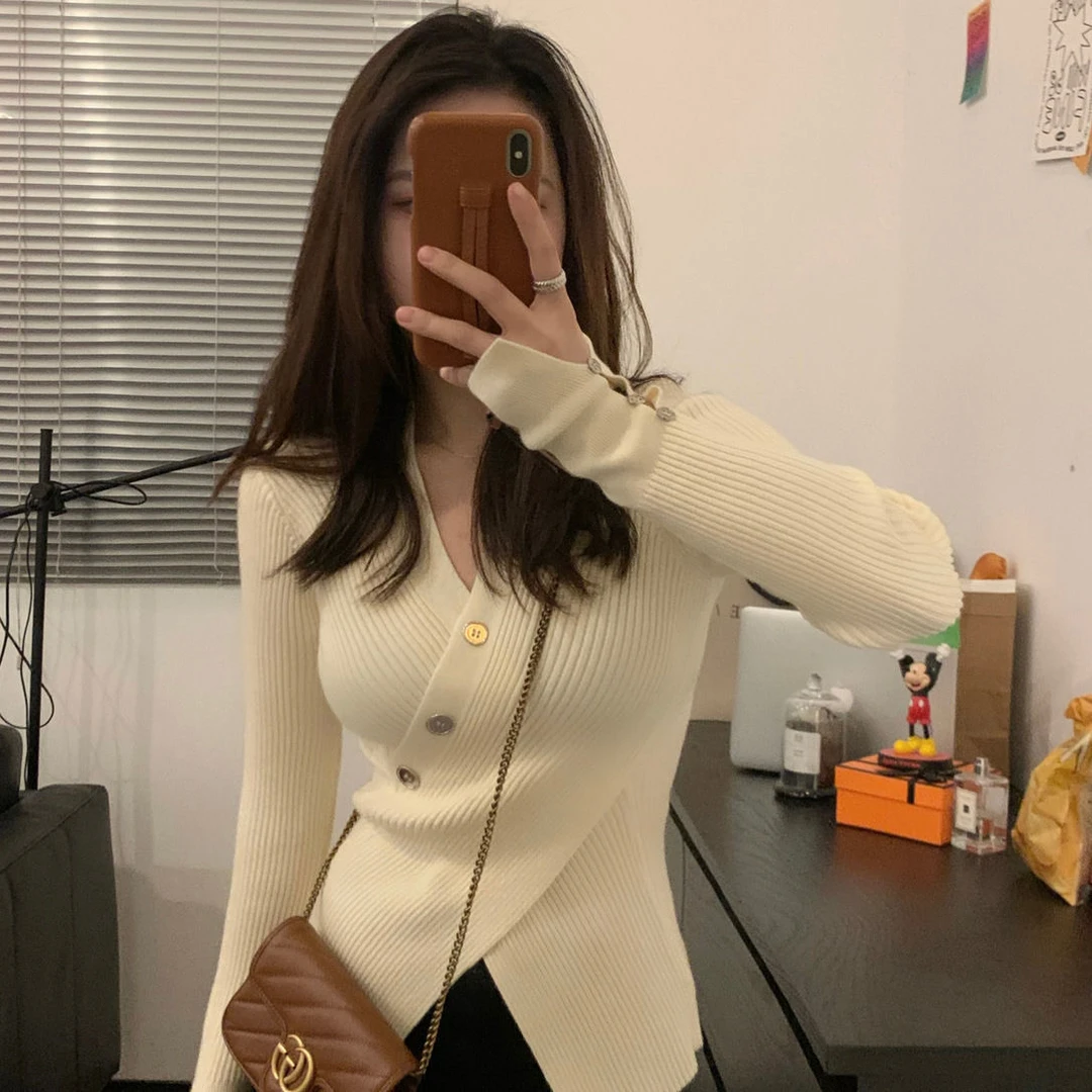 纯欲风显瘦套头针织打底衫2025早秋新款修身开叉内搭上衣女