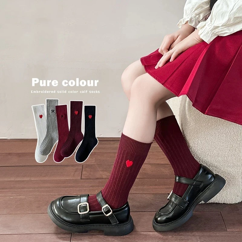 儿童袜子春秋季女童安可拉红色中筒袜韩版女孩宝宝刺绣小腿长筒袜